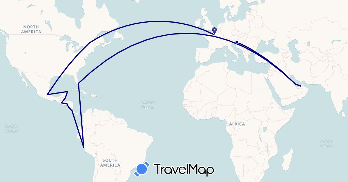 TravelMap itinerary: driving in United Arab Emirates, Belize, Canada, Costa Rica, France, Guatemala, Honduras, Croatia, Mexico, Nicaragua, Peru, Qatar, United States (Asia, Europe, North America, South America)